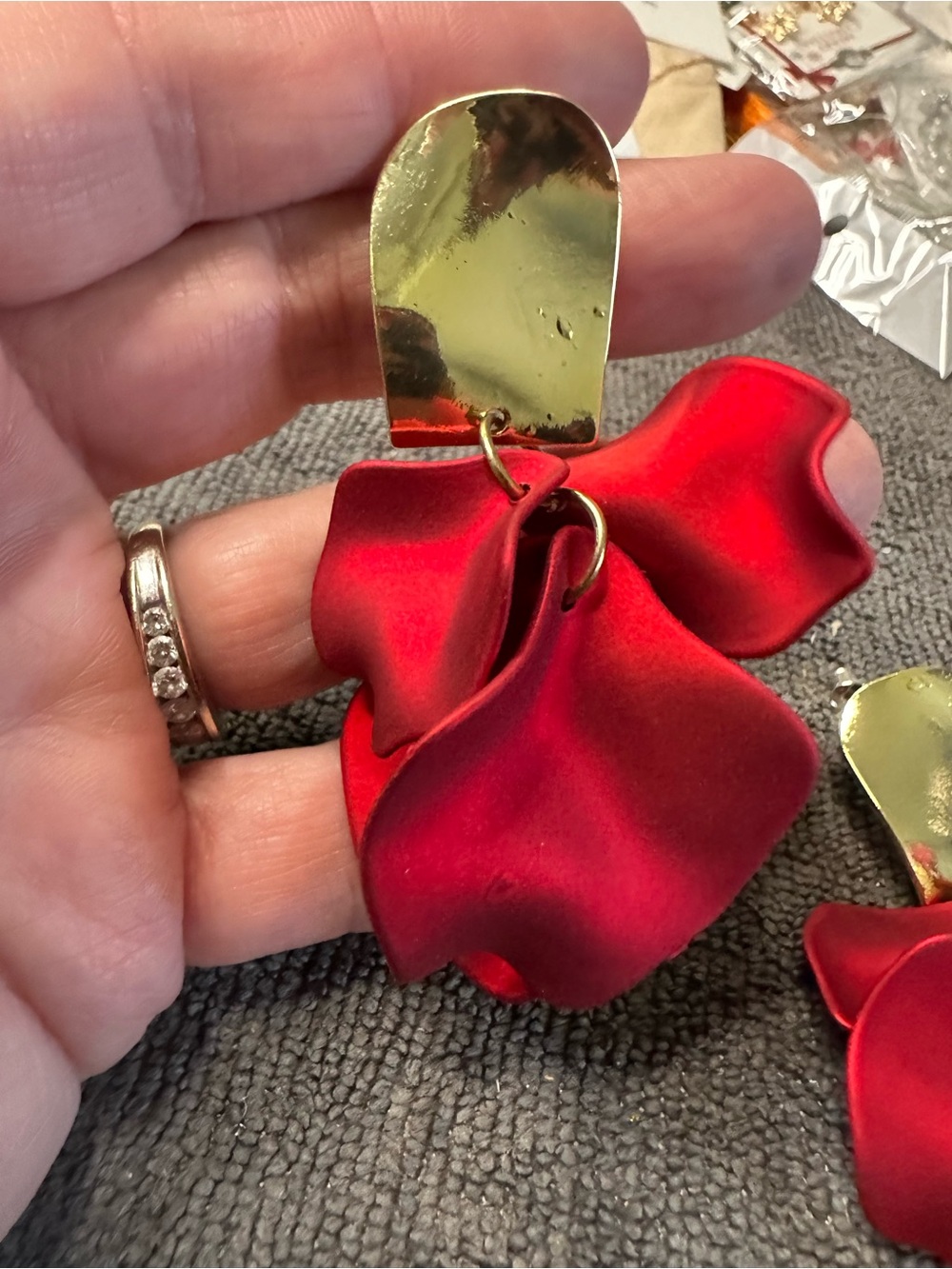 Red Floral Petal Drop Earrings with Gold Accents